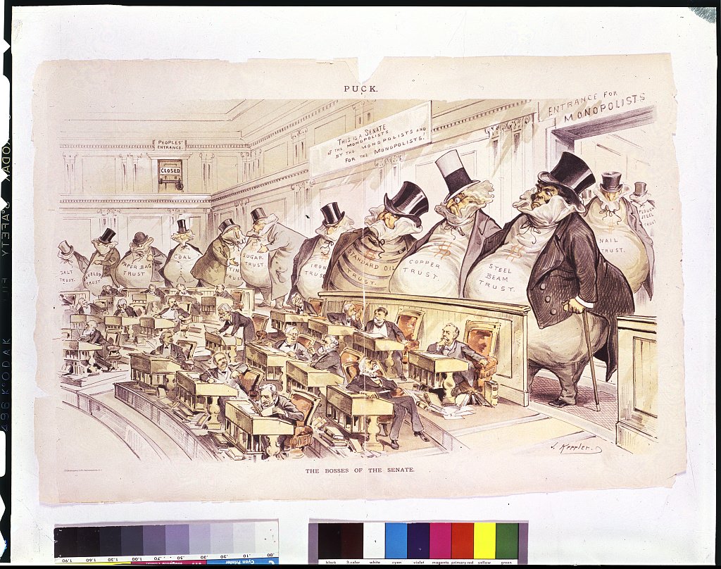 Color lithograph titled The Bosses of the Senate, drawn by Joseph Keppler for Puck, January 23, 1889