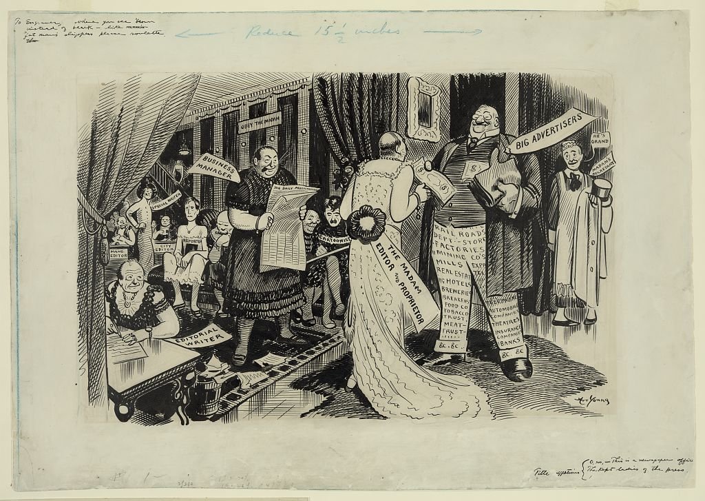 Ink drawing by Art Young of a newspaper owner dressed as a woman called The Madam taking money from a man labeled Big Advertisers, with staff beneath a sign reading Obey the Madam
