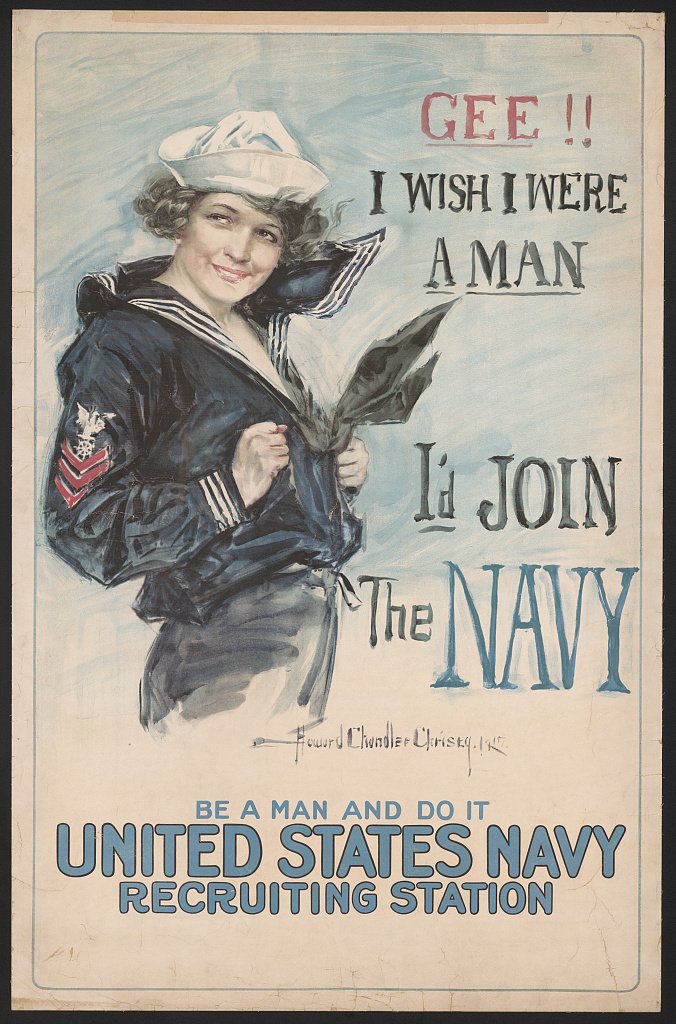 A young woman in a Navy uniform on a recruiting poster with a caption about joining the Navy.