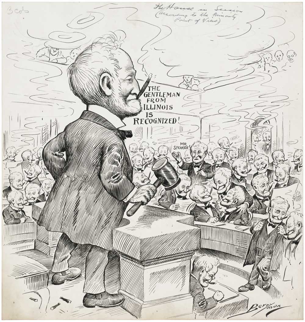 Pen and ink political cartoon by Clifford Berryman from the Washington Evening Star of April 16, 1908, showing members of the House of Representatives drawn as copies of Speaker Joseph Cannon