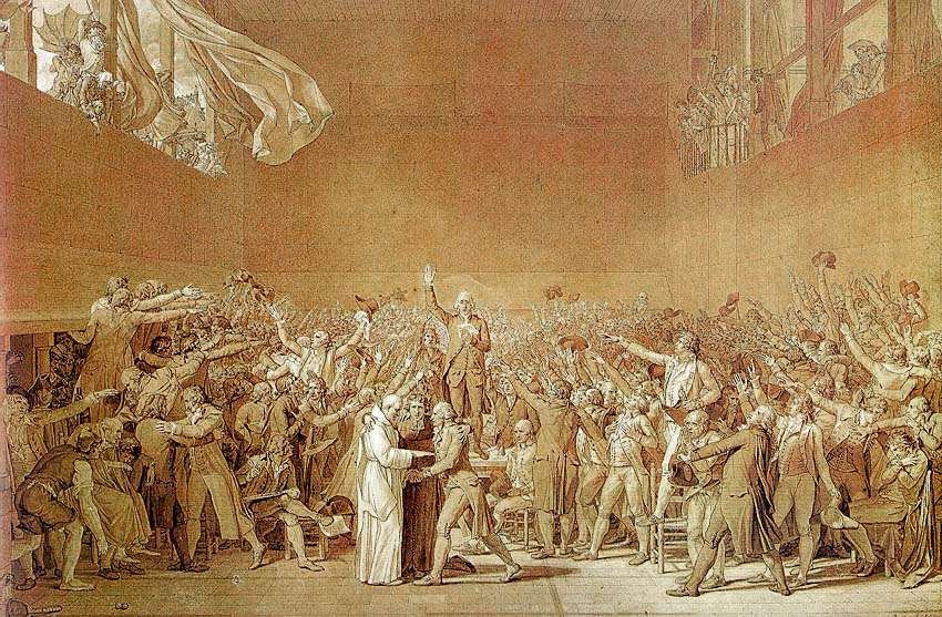 Pen and wash drawing of hundreds of French deputies raising their arms in an oath in a large hall, with spectators crowding the galleries and windows