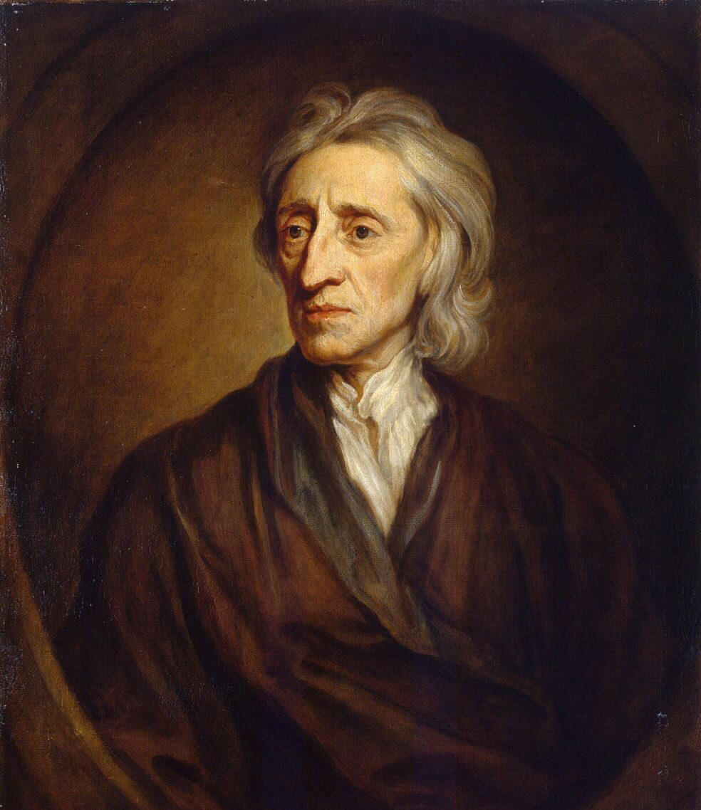Portrait of John Locke with long hair, in dark clothes, painted by Godfrey Kneller