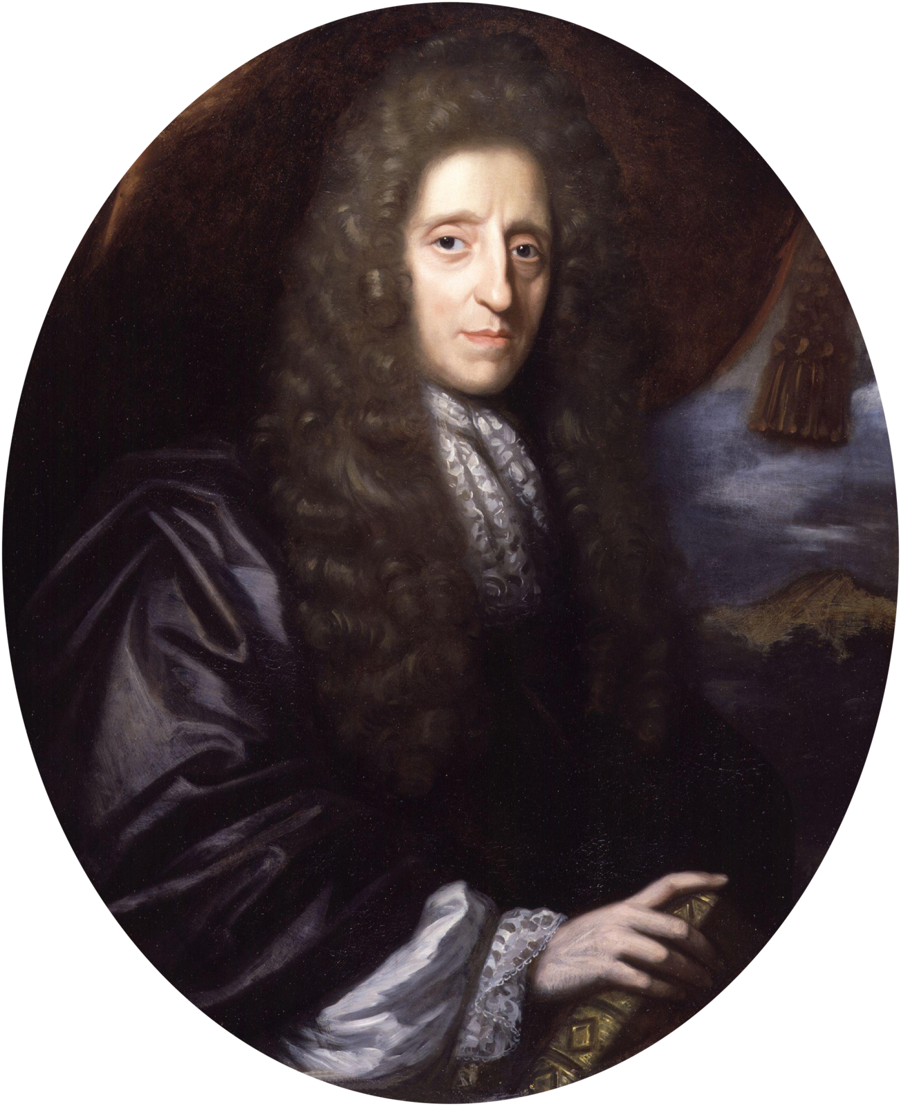 Painted portrait of John Locke as a man in his fifties, with long hair and a plain dark coat