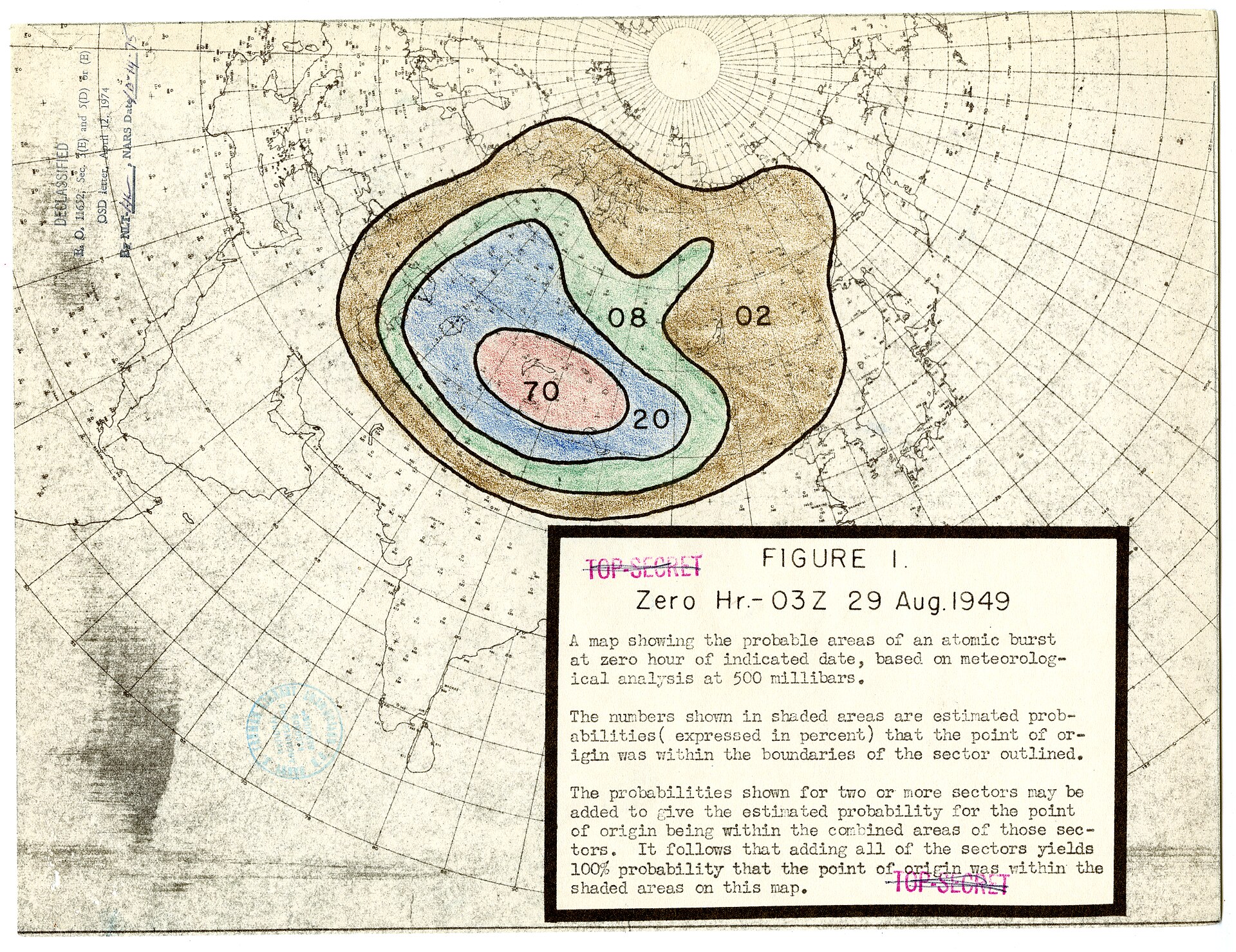 Map chart with shaded colored zones marking probabilities for where a Soviet atomic test took place