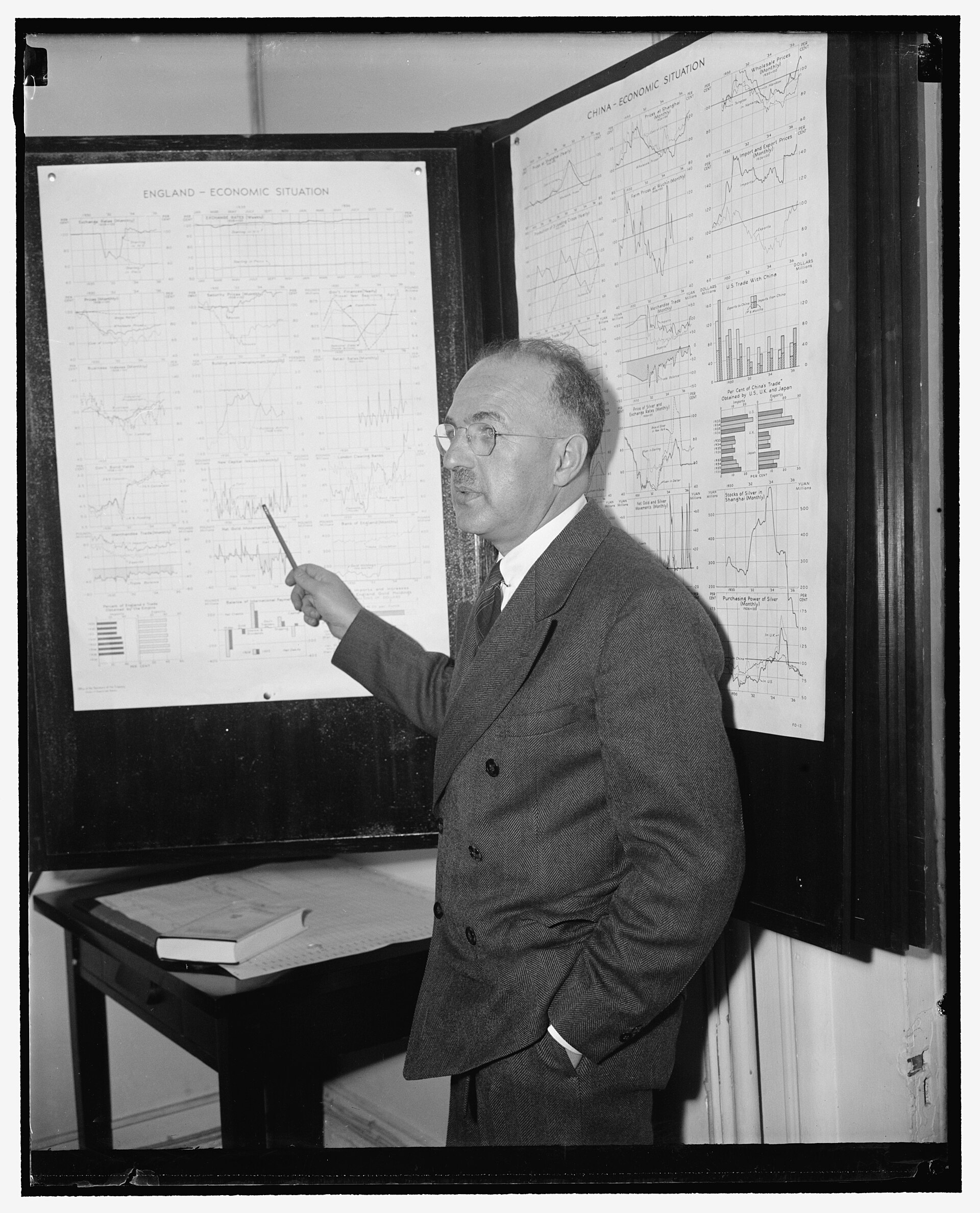 Black and white photograph of a balding man in glasses and a three-piece suit standing beside large wall charts of figures, pointing at a graph with a pencil
