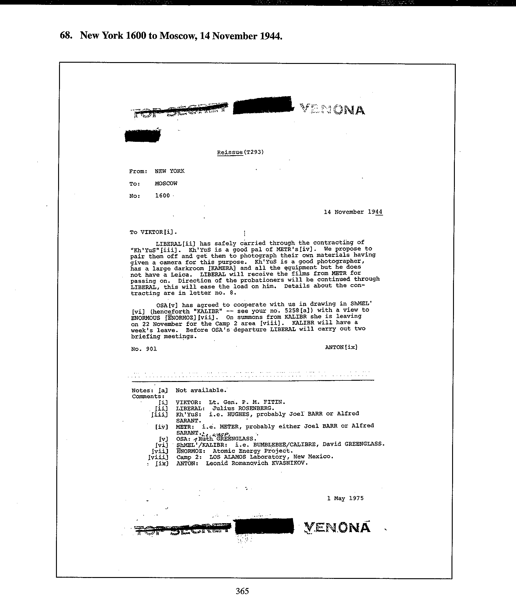 Typed page headed 68, New York 1600 to Moscow, 14 November 1944, marked Top Secret Venona with blacked-out lines, showing the decrypted cable text and a list of numbered notes identifying LIBERAL as Julius Rosenberg and OSA as Ruth Greenglass