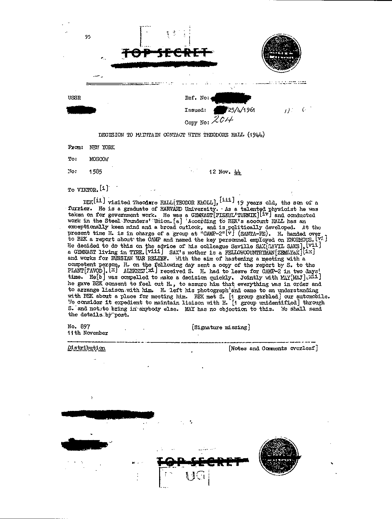 Typed page of a translated Soviet intelligence cable with code names and translator's notes