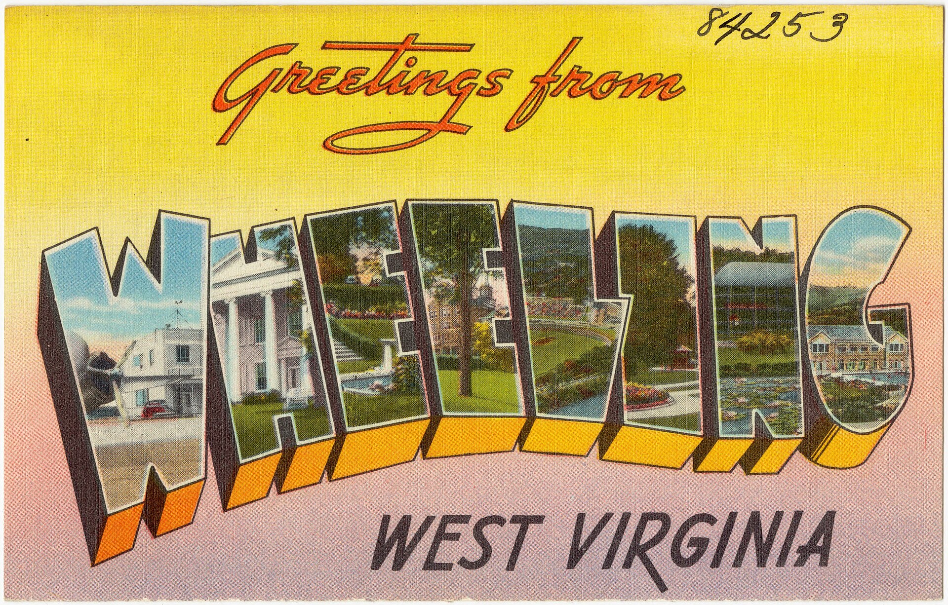 Color linen-finish postcard with large lettering reading Greetings from Wheeling, West Virginia