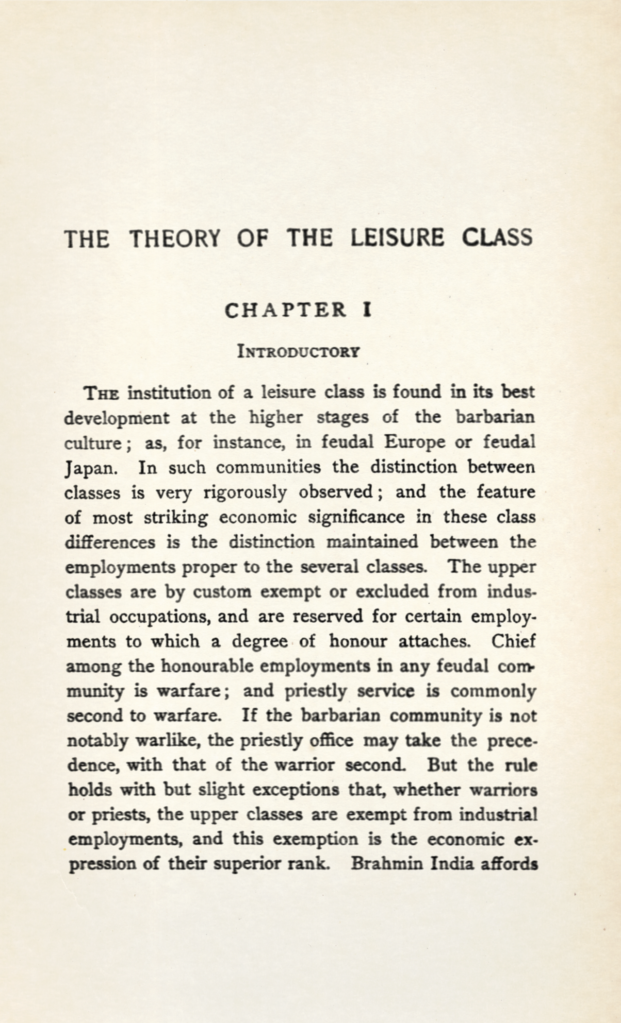 Printed book page headed The Theory of the Leisure Class, Chapter I, Introductory, beginning with the sentence The institution of a leisure class is found in its best development at the higher stages of the barbarian culture