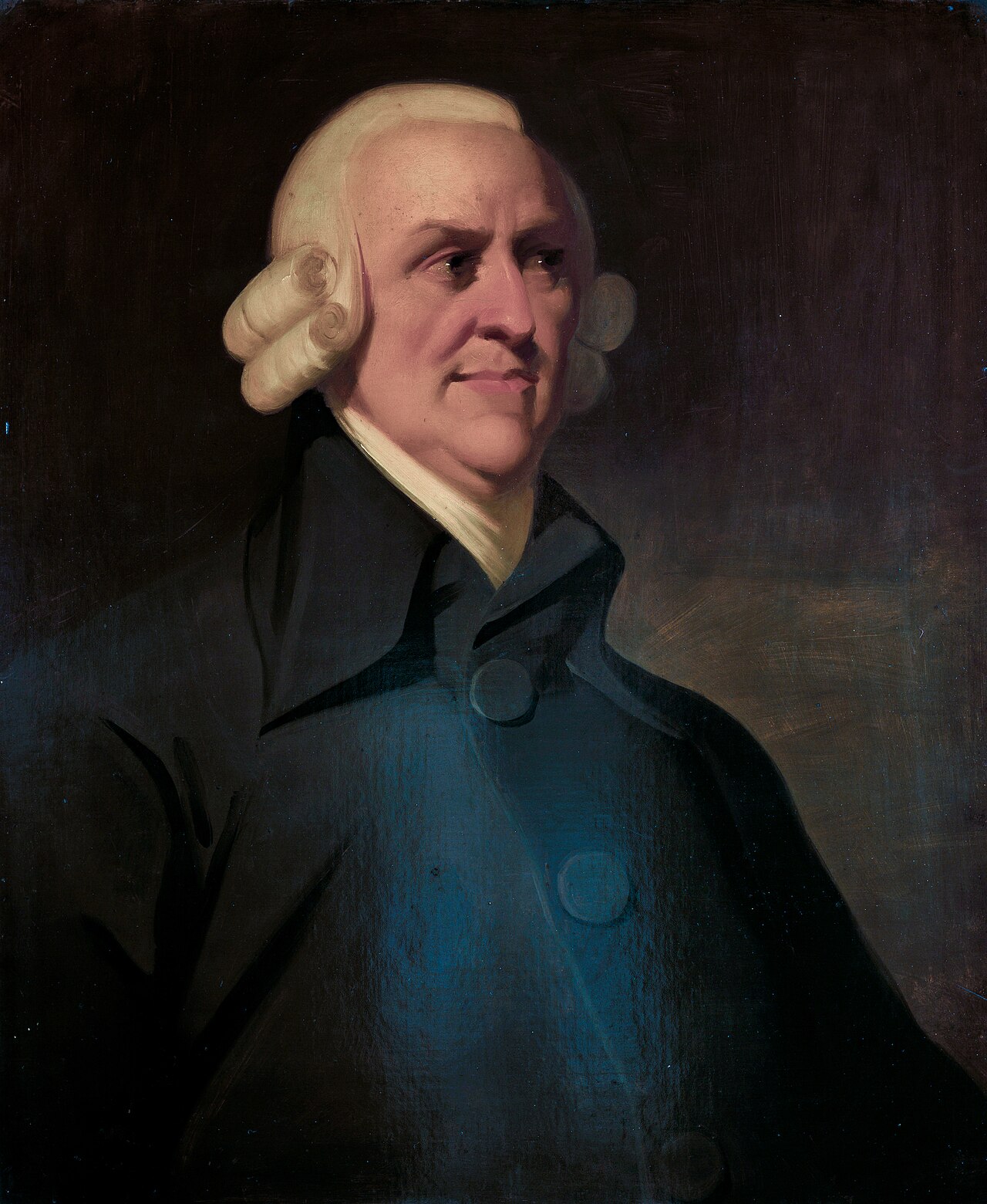 Painted portrait of Adam Smith, an older man in a white curled wig and a dark blue-black coat with a white neckcloth, turned slightly to the right