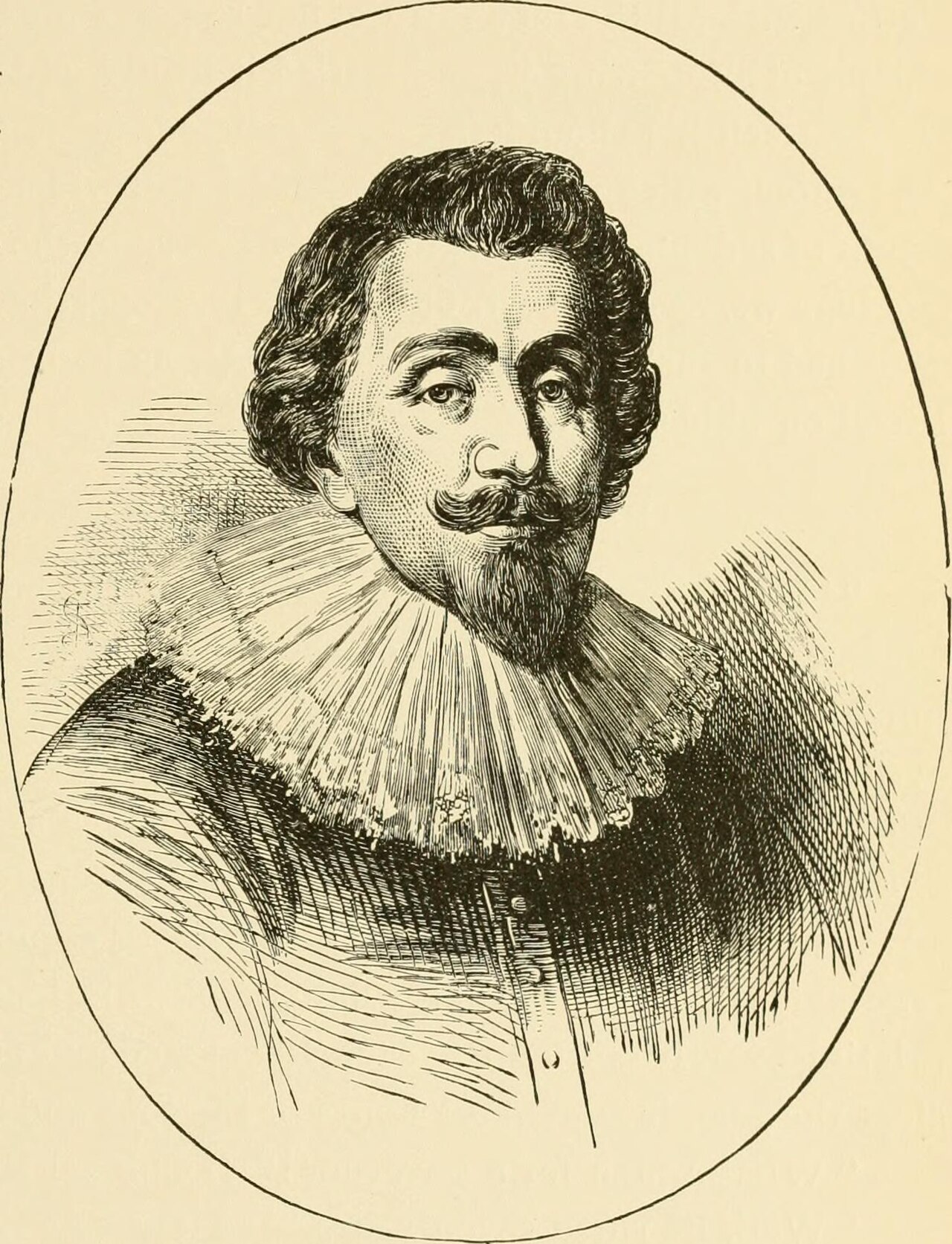 Oval engraved portrait of Cecil Calvert, second Baron Baltimore, with curly hair, an upturned mustache, a pointed beard and a wide pleated ruff collar