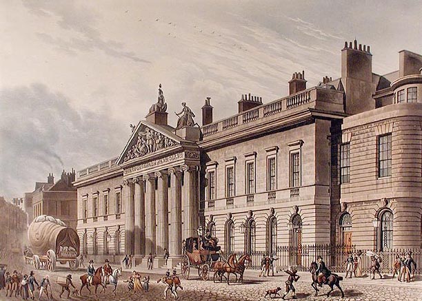 Colored print of East India House in Leadenhall Street, London, a large classical building with a columned portico and pediment, with carriages, riders and pedestrians in the street in front