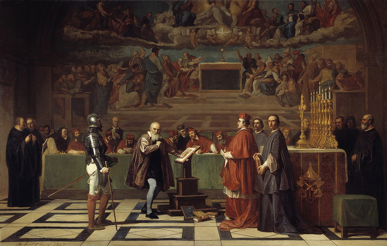 Oil painting of a large hall with a fresco-covered wall; an older bearded man in a dark robe stands at a lectern before seated churchmen in red and black, while a cardinal and other clergy stand at right and an armored guard stands at left