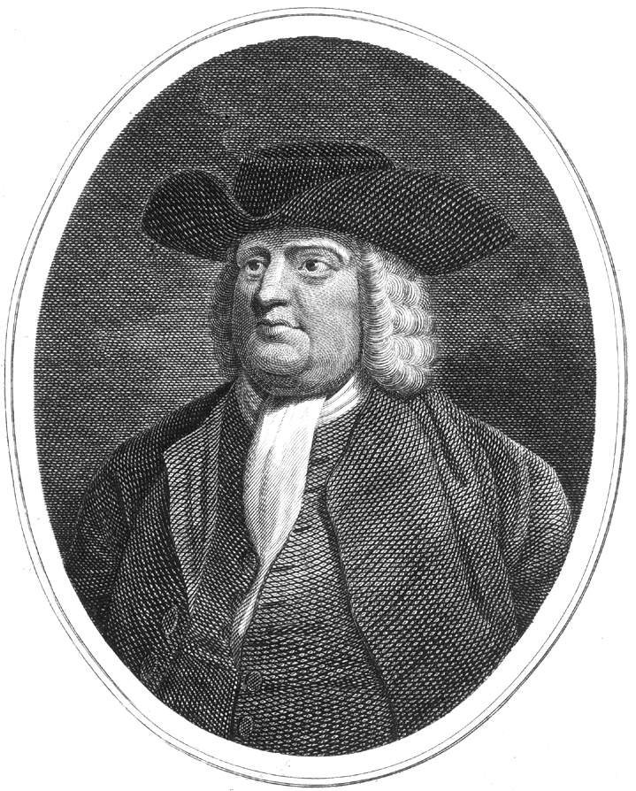 Engraved oval portrait of William Penn as a heavy-set older man wearing a broad-brimmed hat, a long wig and a plain coat with a white neckcloth