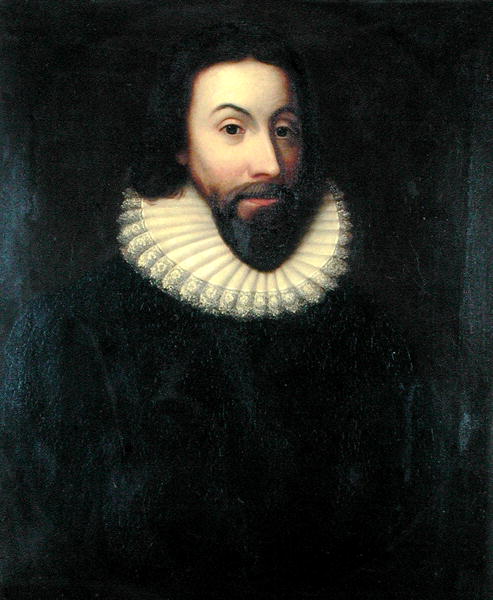 Painted portrait of John Winthrop, a man with dark hair and a dark beard, in black clothing with a large white pleated ruff collar