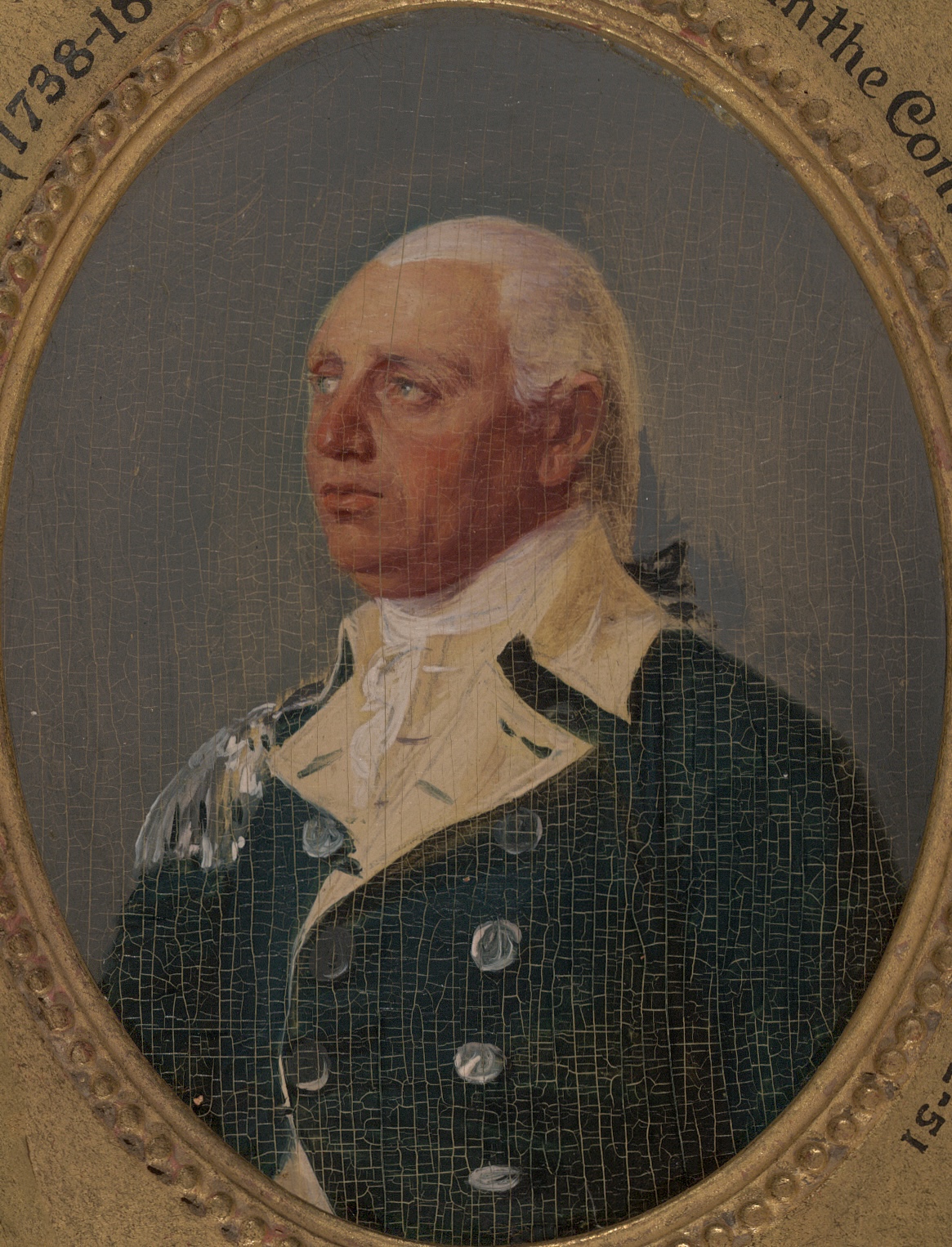 Oval painted portrait of Rufus Putnam, an older man with white hair, in a dark blue Continental Army coat with buff facings, shown from the chest up