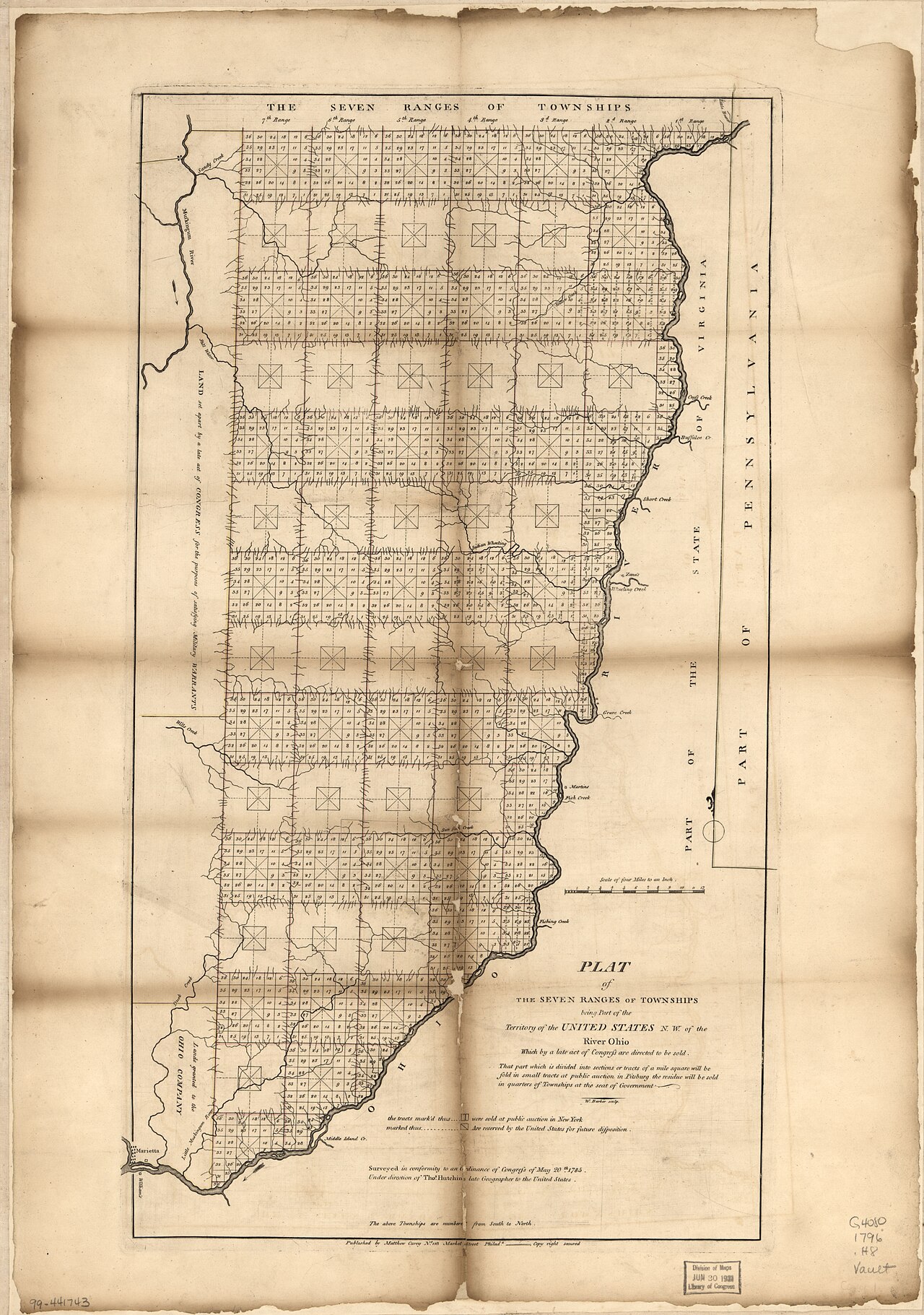 Tall, narrow engraved survey map of the first Seven Ranges of townships, drawn as columns of square townships running north from the winding Ohio River on the right edge