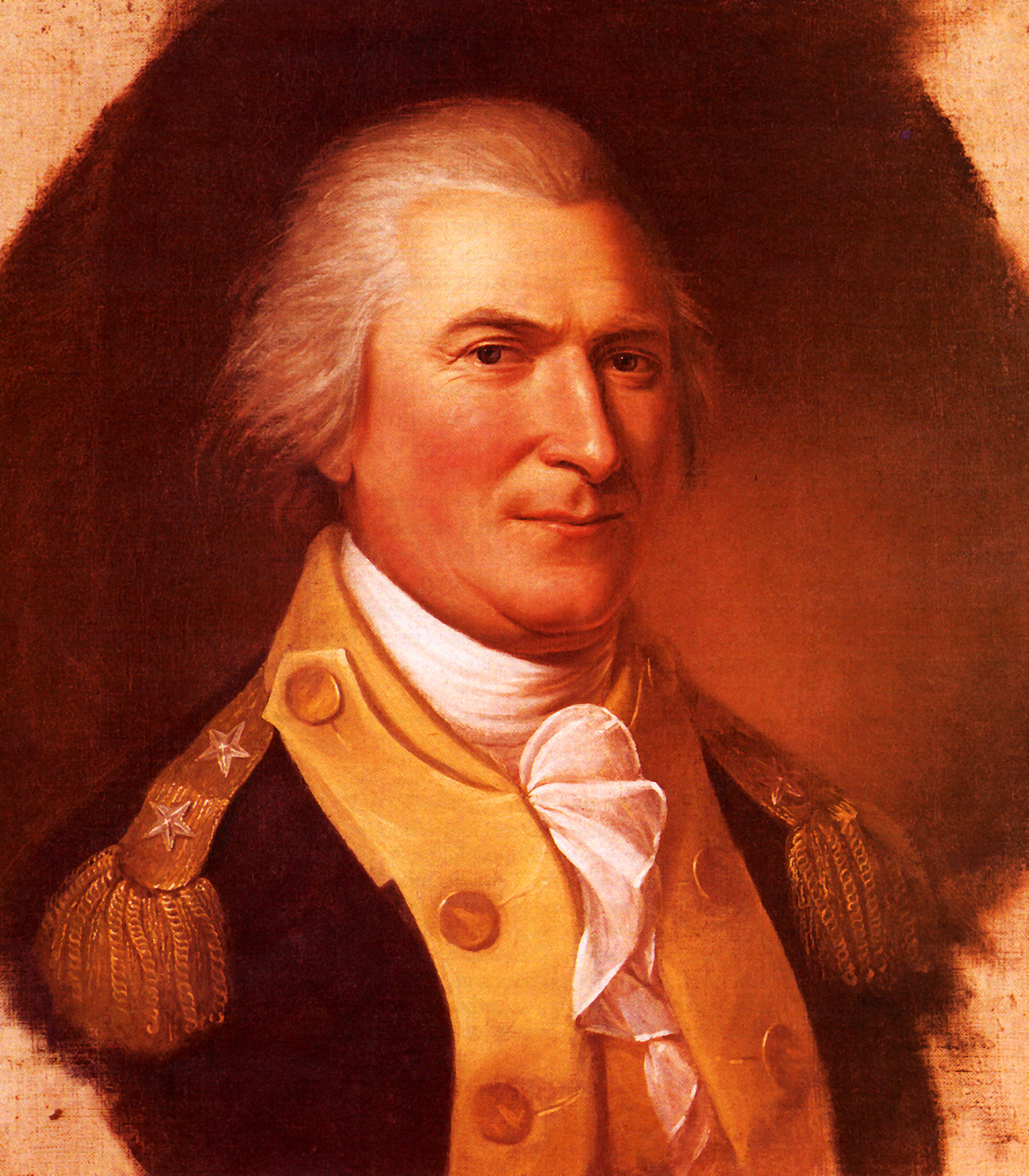 Painted portrait of Arthur St. Clair, smiling slightly, in a blue Continental Army coat with gold epaulets over a buff waistcoat and white ruffled cravat