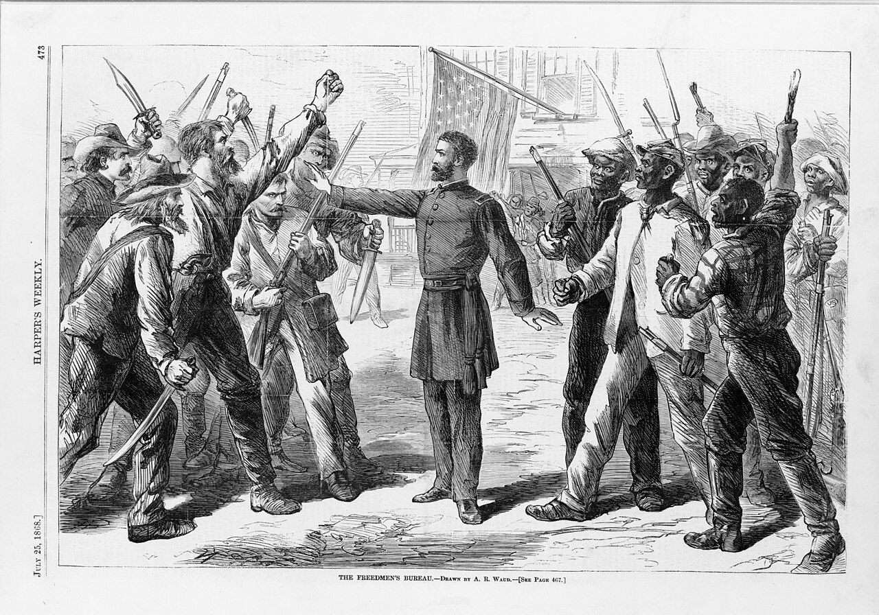 An engraving of a Union officer standing between a crowd of armed white men on one side and a group of Black men on the other, holding them apart, with an American flag behind
