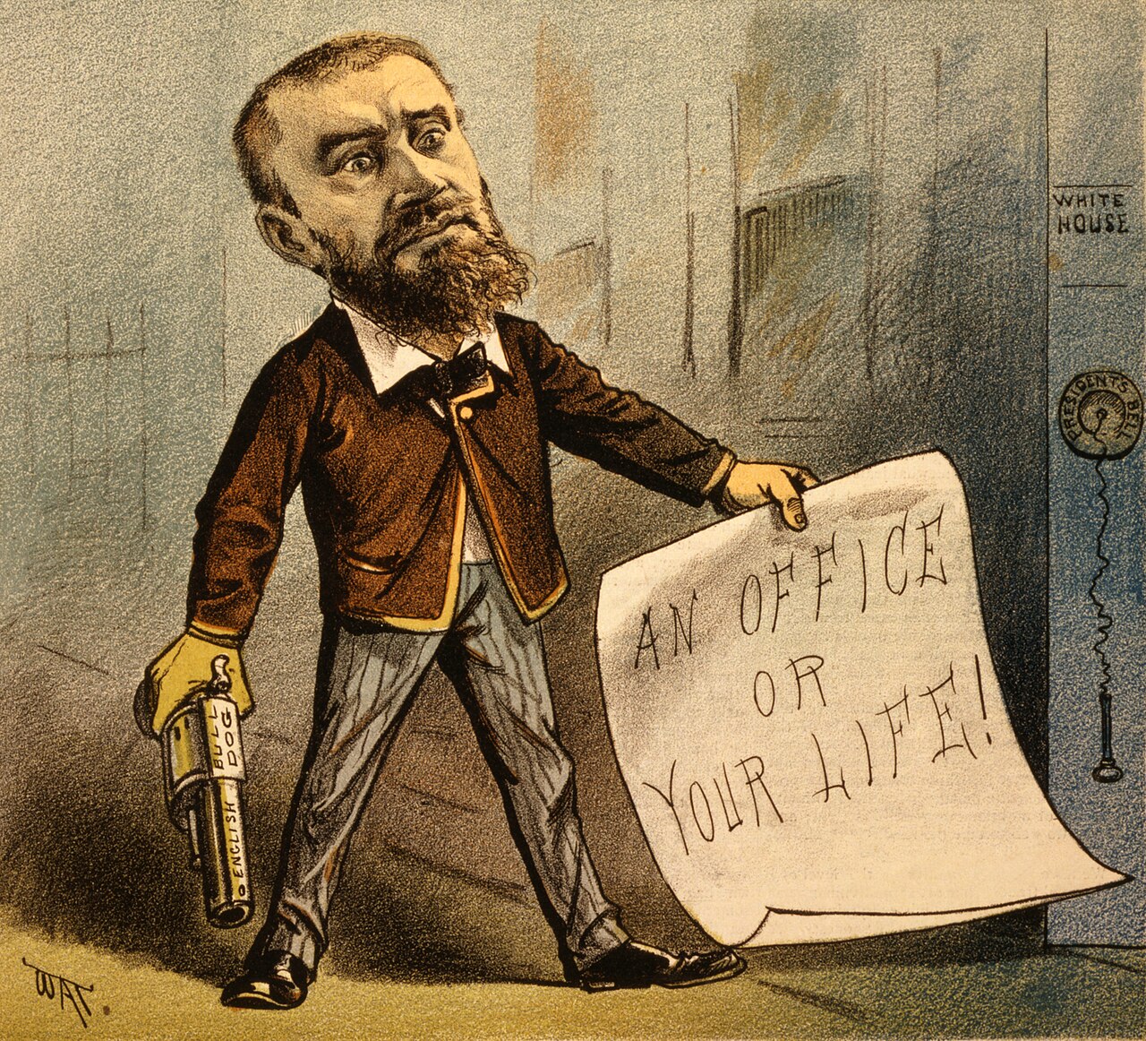 A color cartoon of Charles Guiteau, bearded and wide-eyed, holding a pistol in one hand and a large paper reading An Office or Your Life in the other, standing at a door marked White House