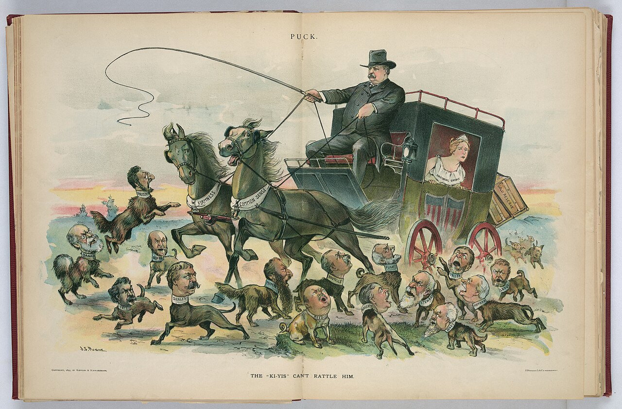 A color cartoon of Grover Cleveland driving a stagecoach pulled by two horses labeled Firmness and Common Sense, with a woman labeled National Credit inside and a trunk labeled Gold Reserve on the back, while small dogs with the heads of senators and newspaper editors yap around the wheels