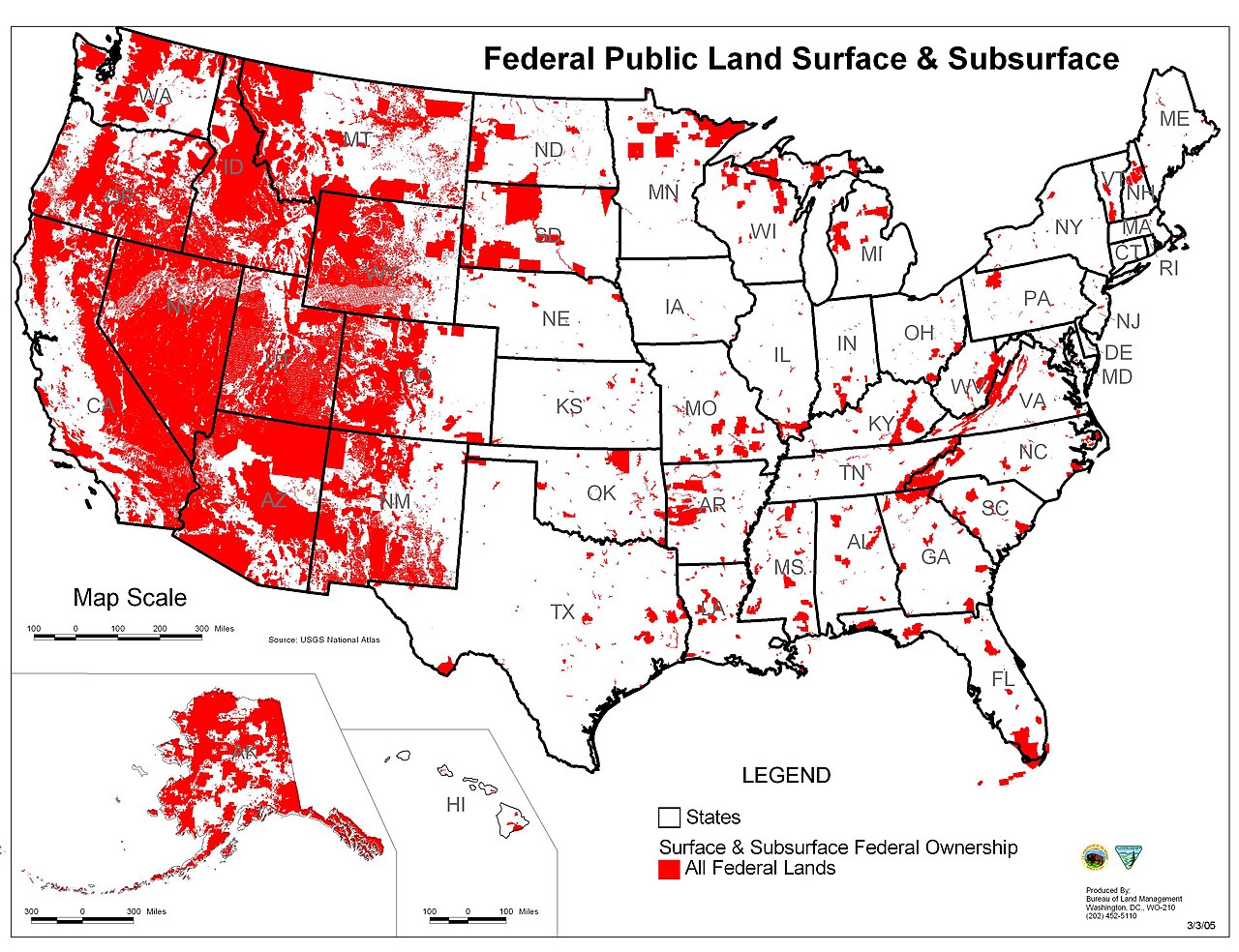Map of the United States with federal lands shaded by managing agency, showing large shaded areas across the western states and small scattered areas in the east