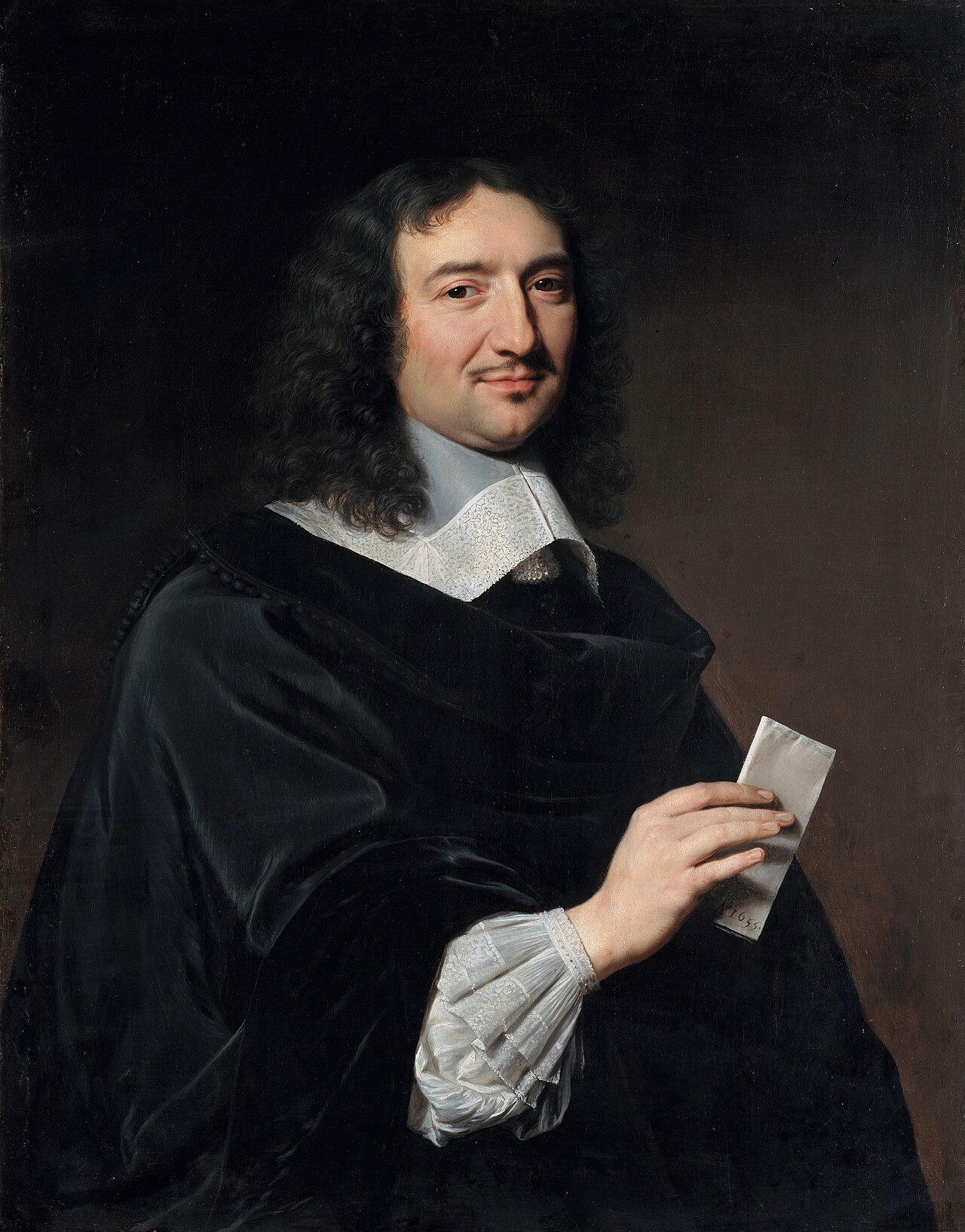 Oil portrait of Jean-Baptiste Colbert, a man with long dark curled hair, wearing a black robe with a white collar