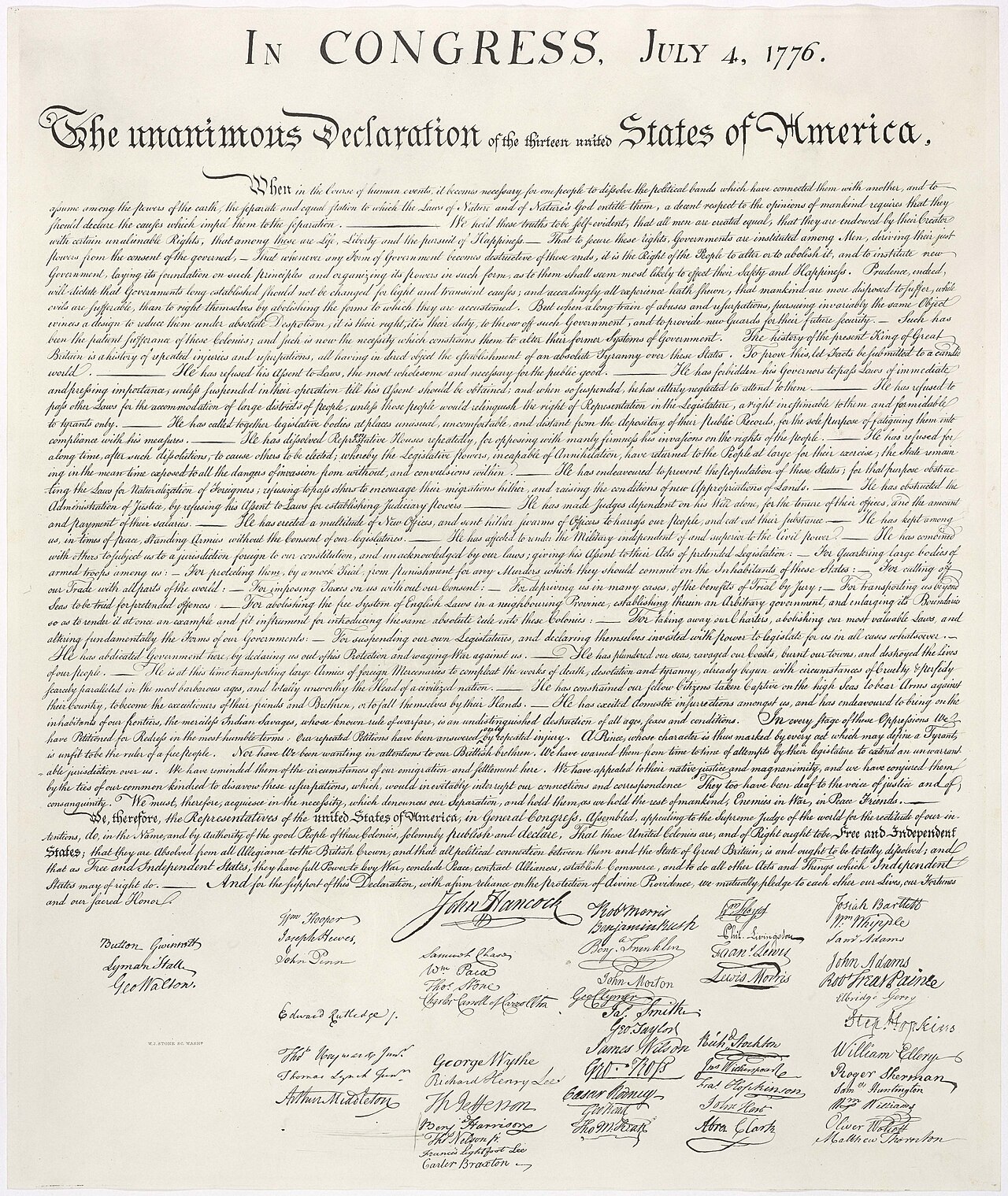 The engrossed Declaration of Independence, handwritten text under the heading In Congress, July 4, 1776, with signatures below