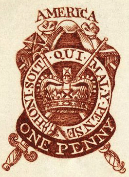A small embossed one penny revenue stamp from 1765 showing a crown, a scepter and sword, with the word America at top
