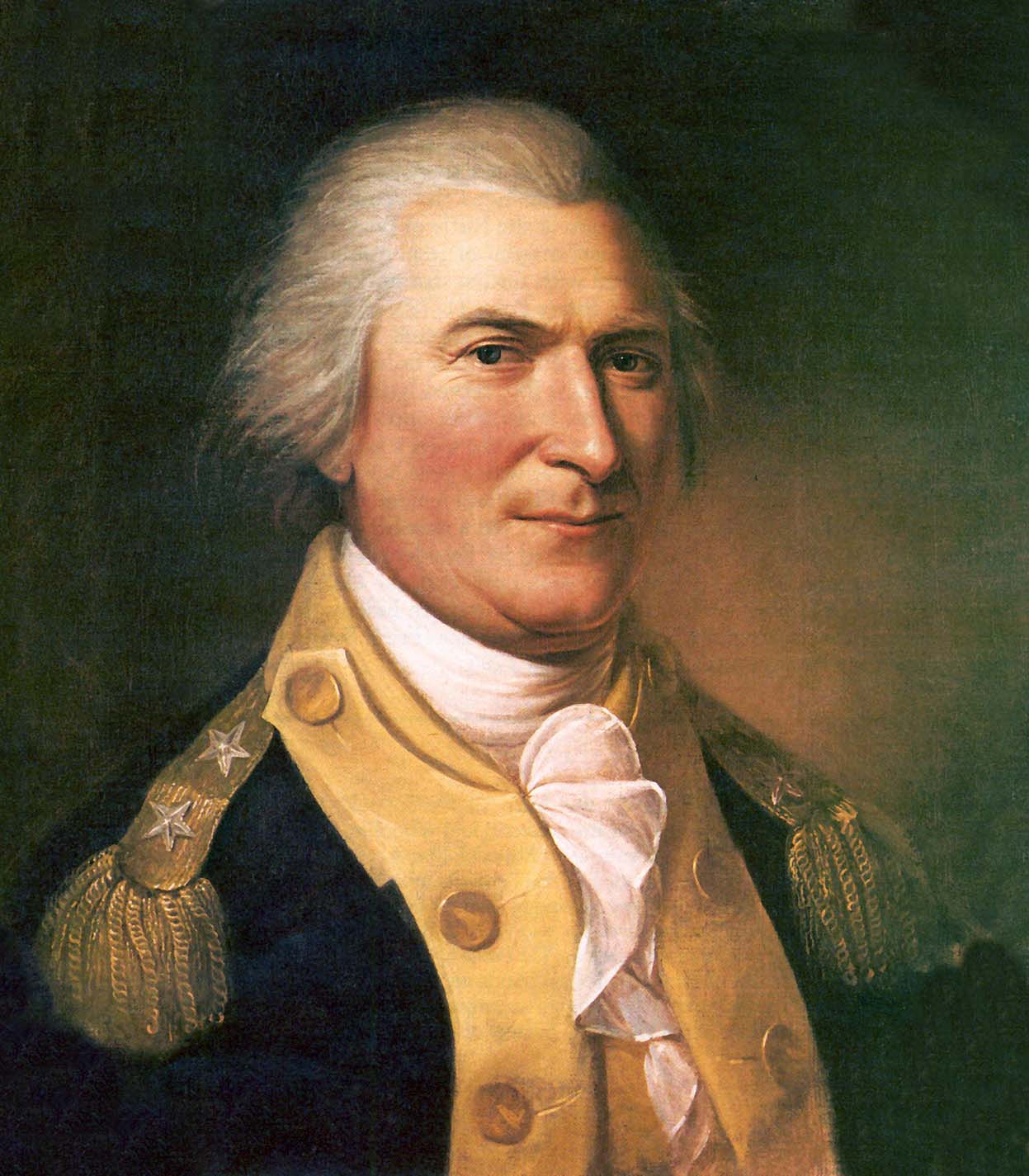 Painted half-length portrait of Arthur St. Clair in a dark military coat with gold epaulettes