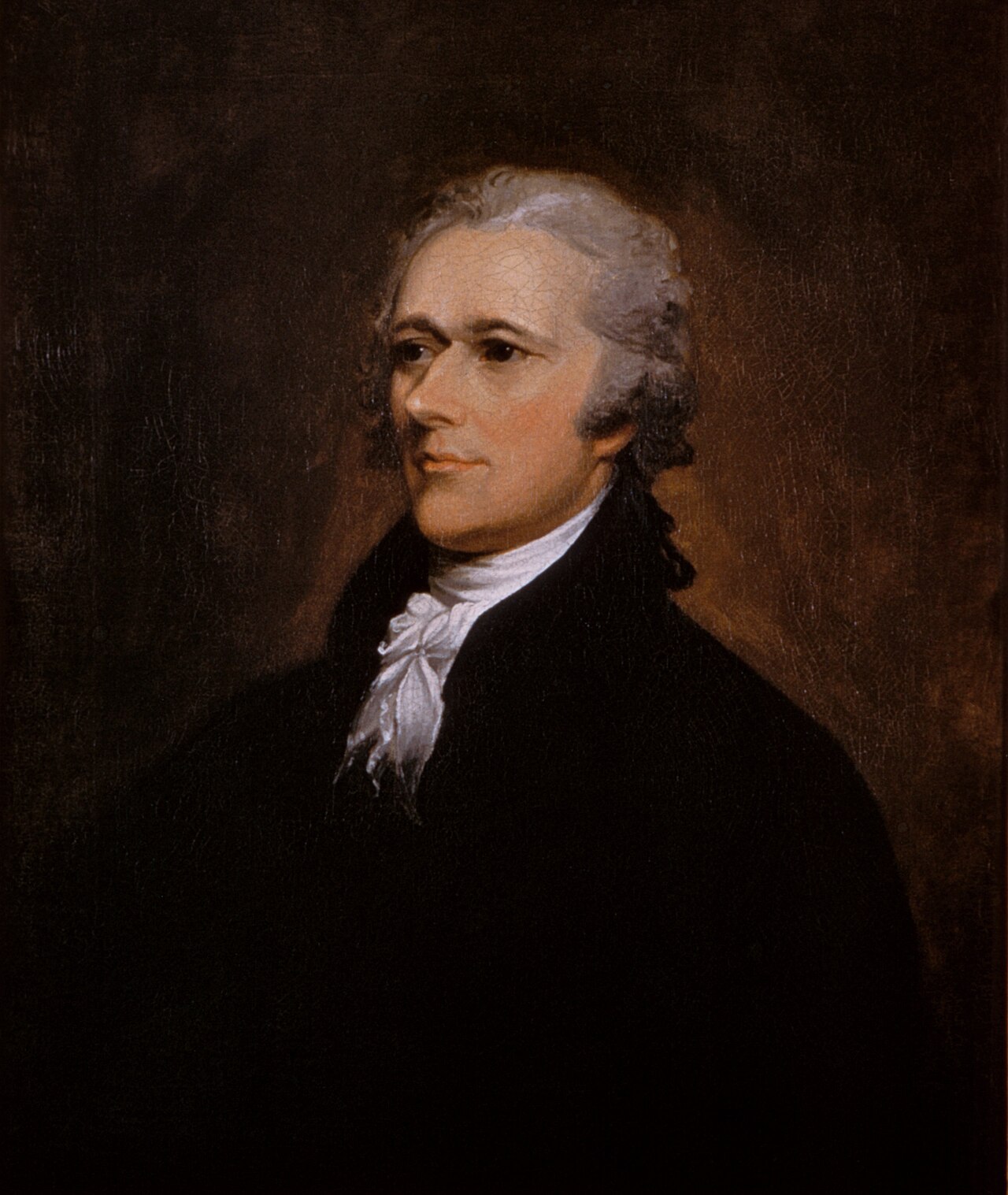 Painted portrait of Alexander Hamilton in a dark coat and white cravat, turned slightly to the left