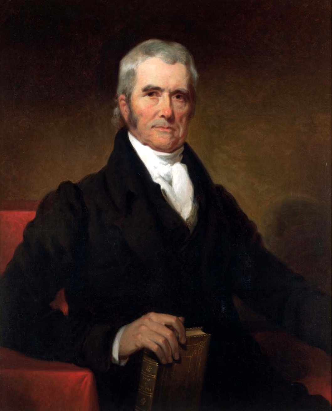 Seated portrait of Chief Justice John Marshall in black judicial robes, white hair, holding papers