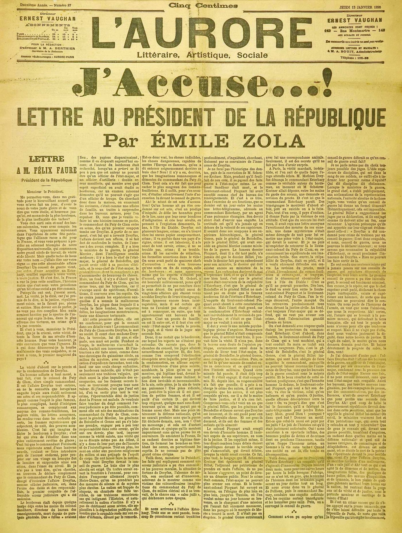 Front page of the Paris newspaper L'Aurore for January 13, 1898, with the headline J'accuse