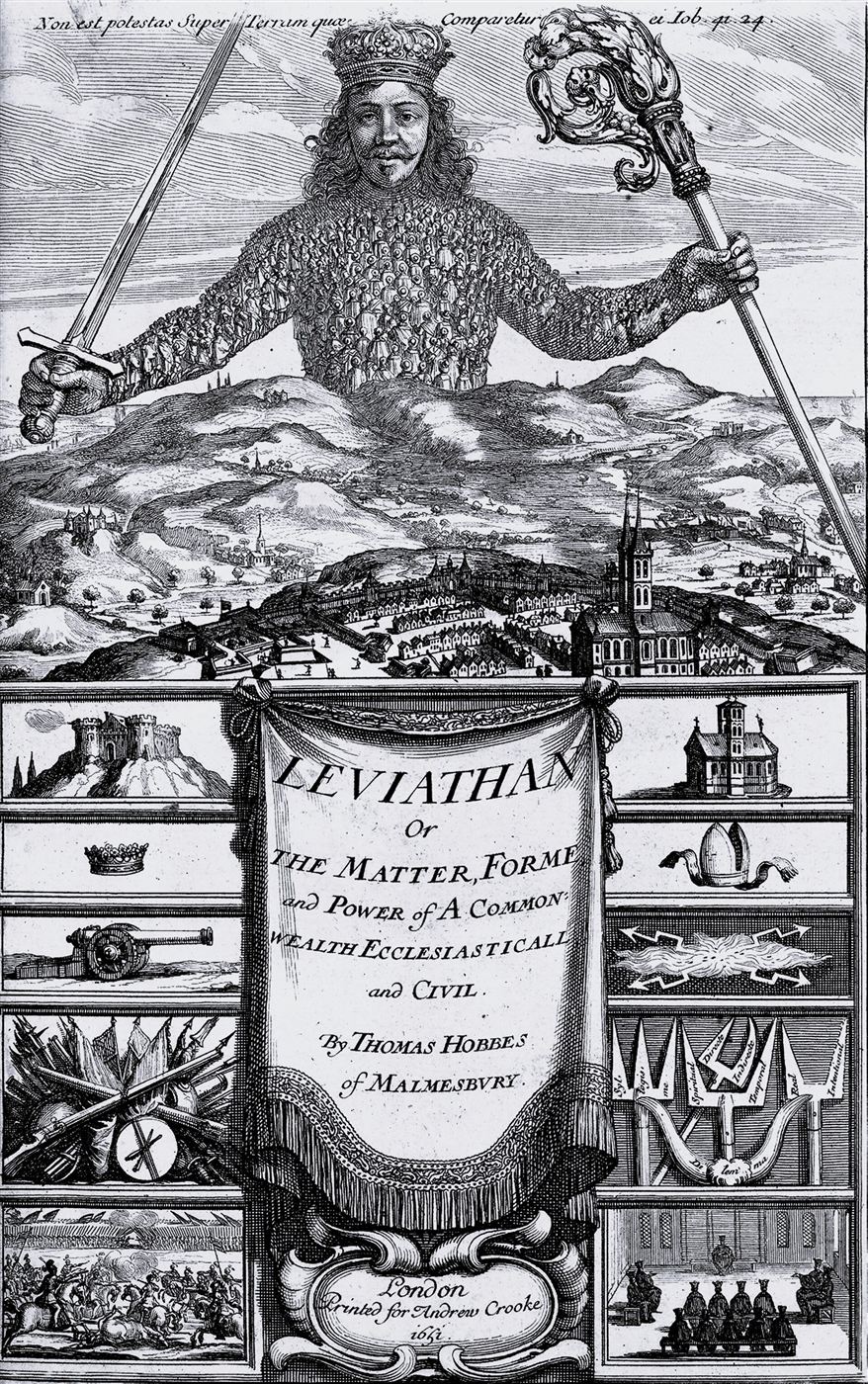 The engraved frontispiece of Hobbes's Leviathan, showing a giant crowned sovereign made up of many small human figures, holding a sword and a crozier above a town and countryside