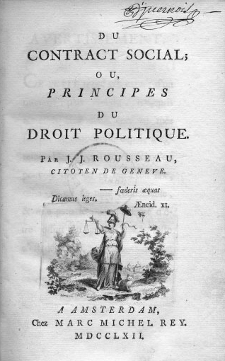 Title page of Rousseau's Du contrat social, printed in French with a small engraved vignette